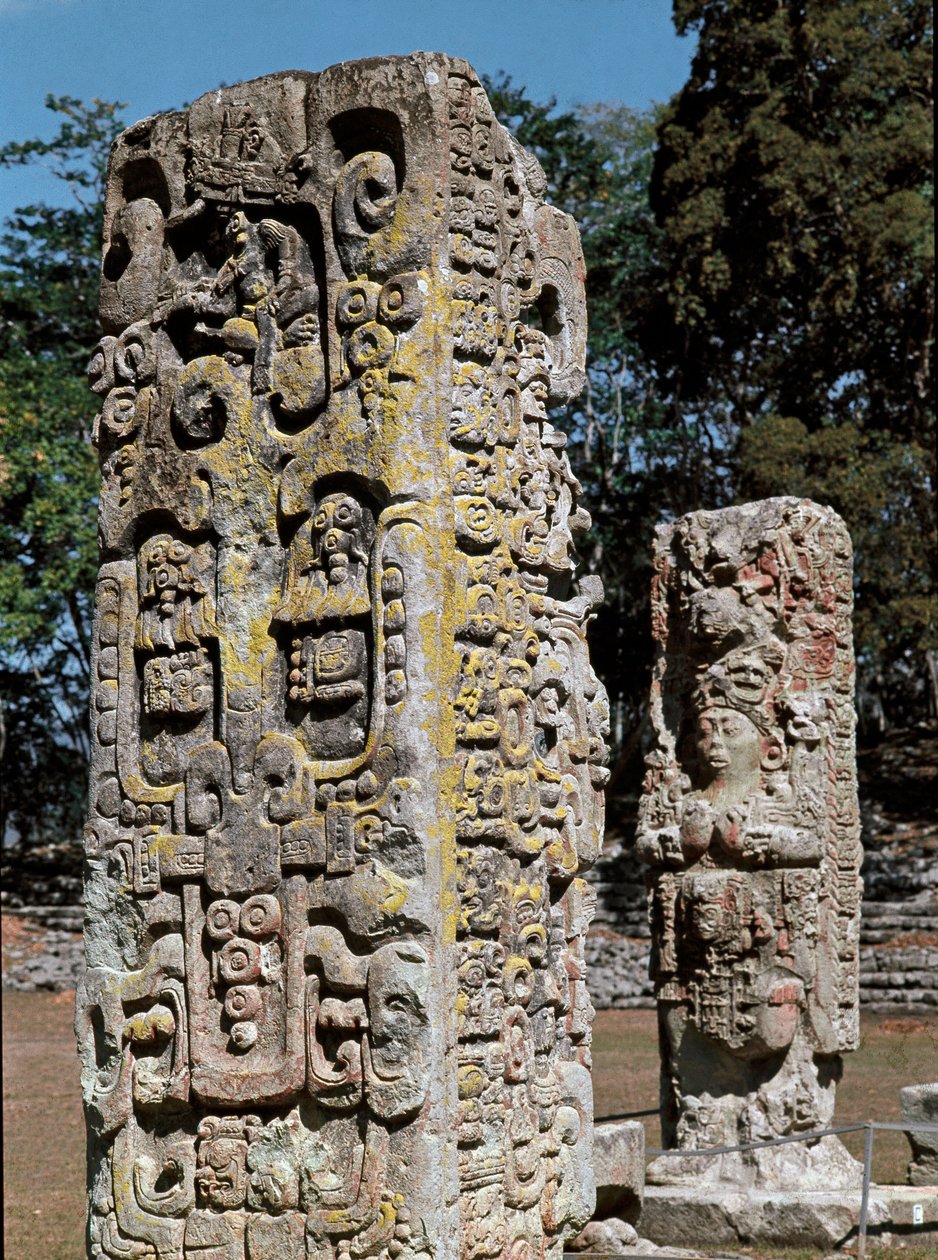 Stele A and C, Plaza de Ceremonias, 731 AD by Mayan