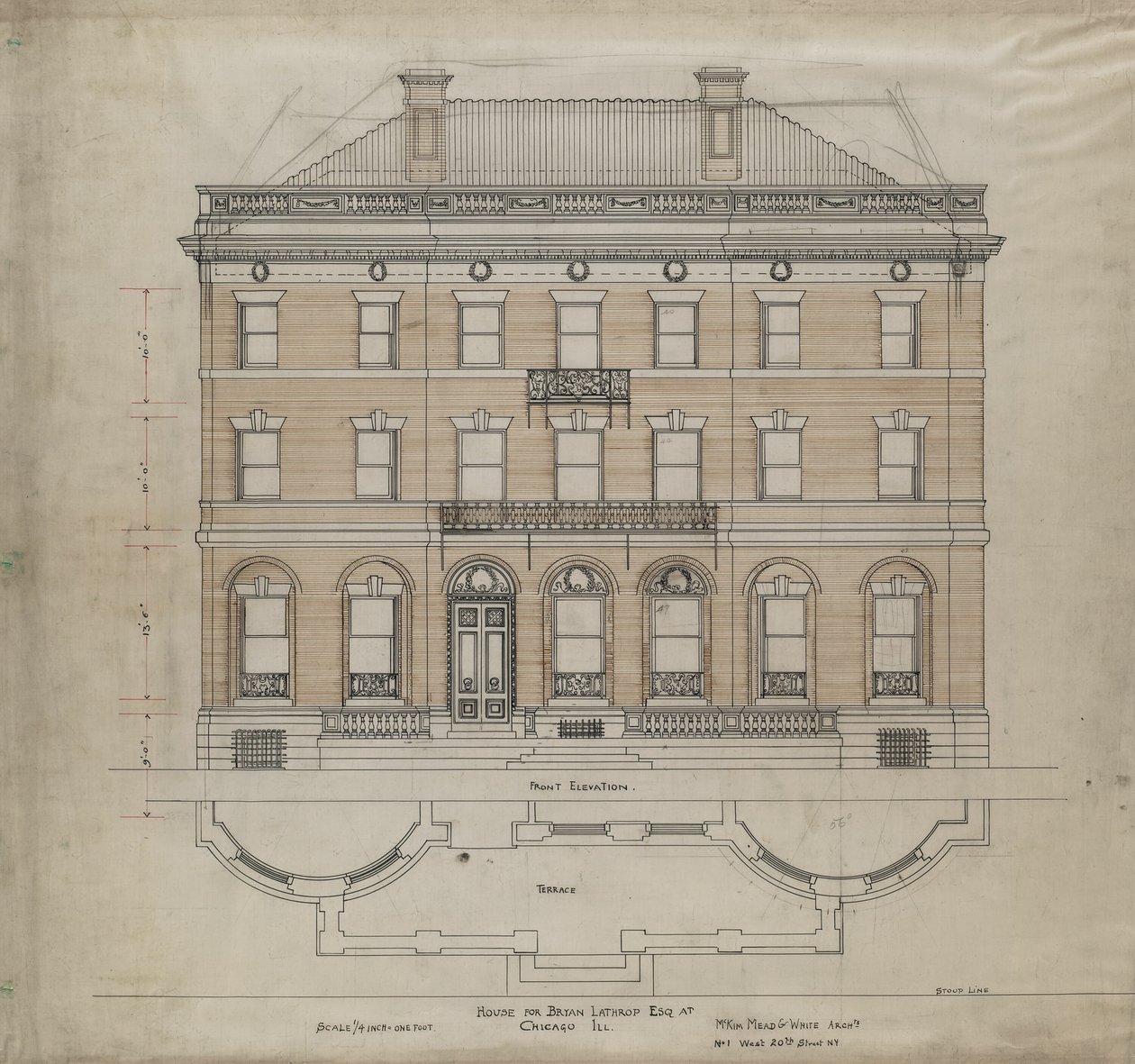 Bryan Lathrop House, Chicago, Illinois, Front Elevation and Terrace Plan by Mead and White McKim