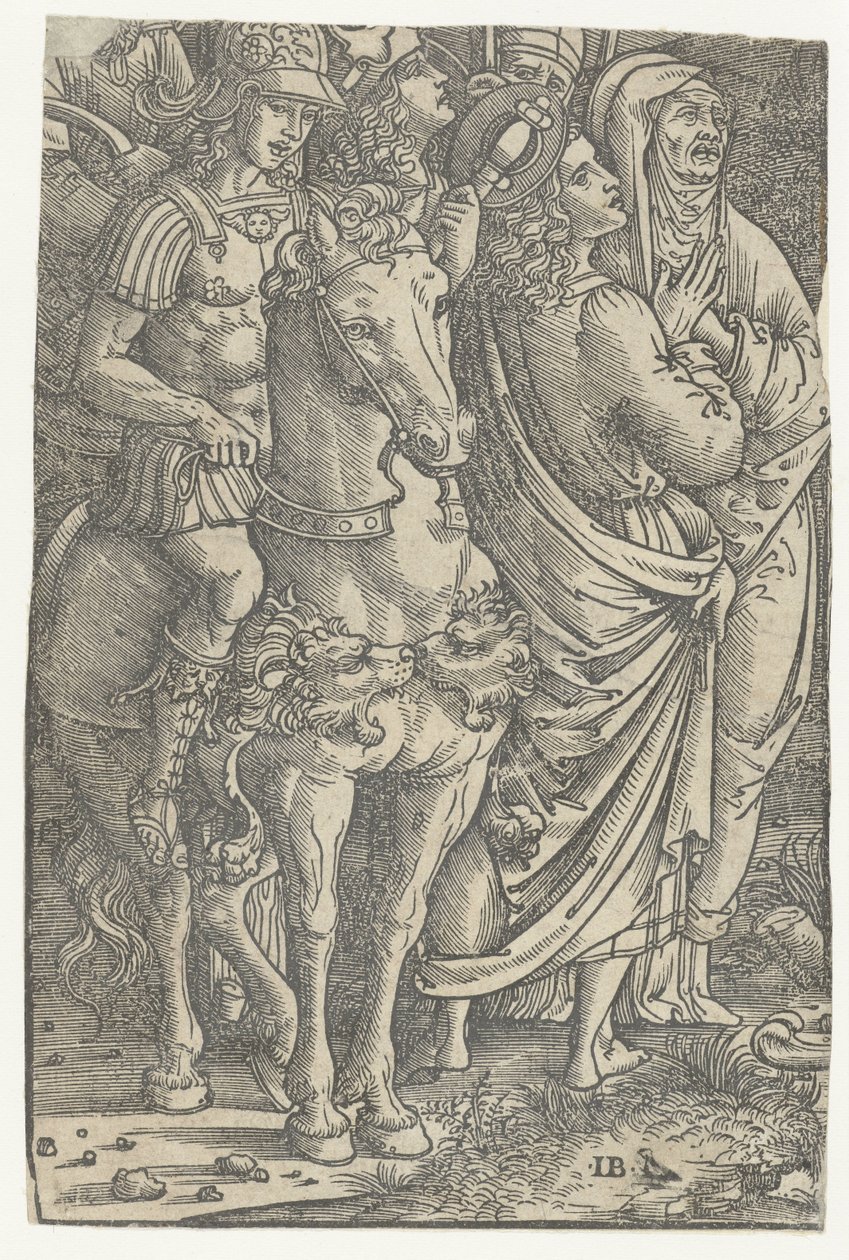 Fragment of a Crucifixion with John the Evangelist and Mary and Soldiers by Meester IB met de vogel