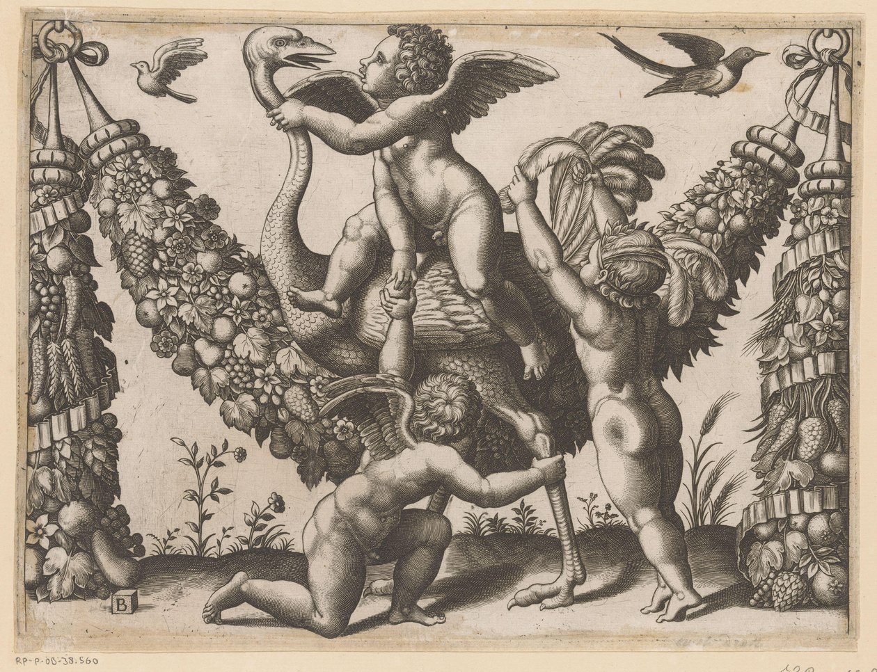 Drie putti en een struisvogel (Tapisserieën van de paus) by Meester van de Dobbelsteen
