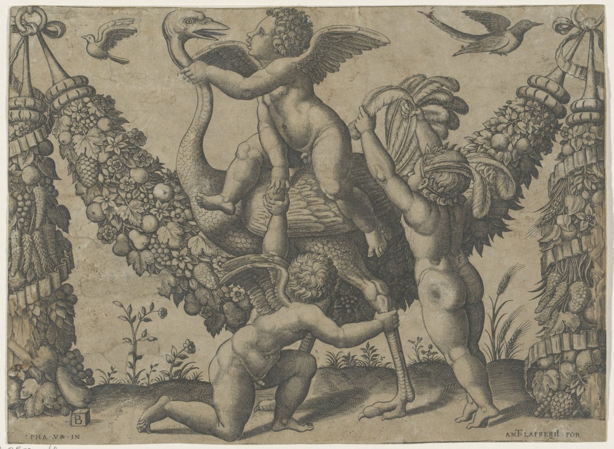 Three Putti with an Ostrich (series title: Tapestries of the Pope by Raphael) by Meester van de Dobbelsteen