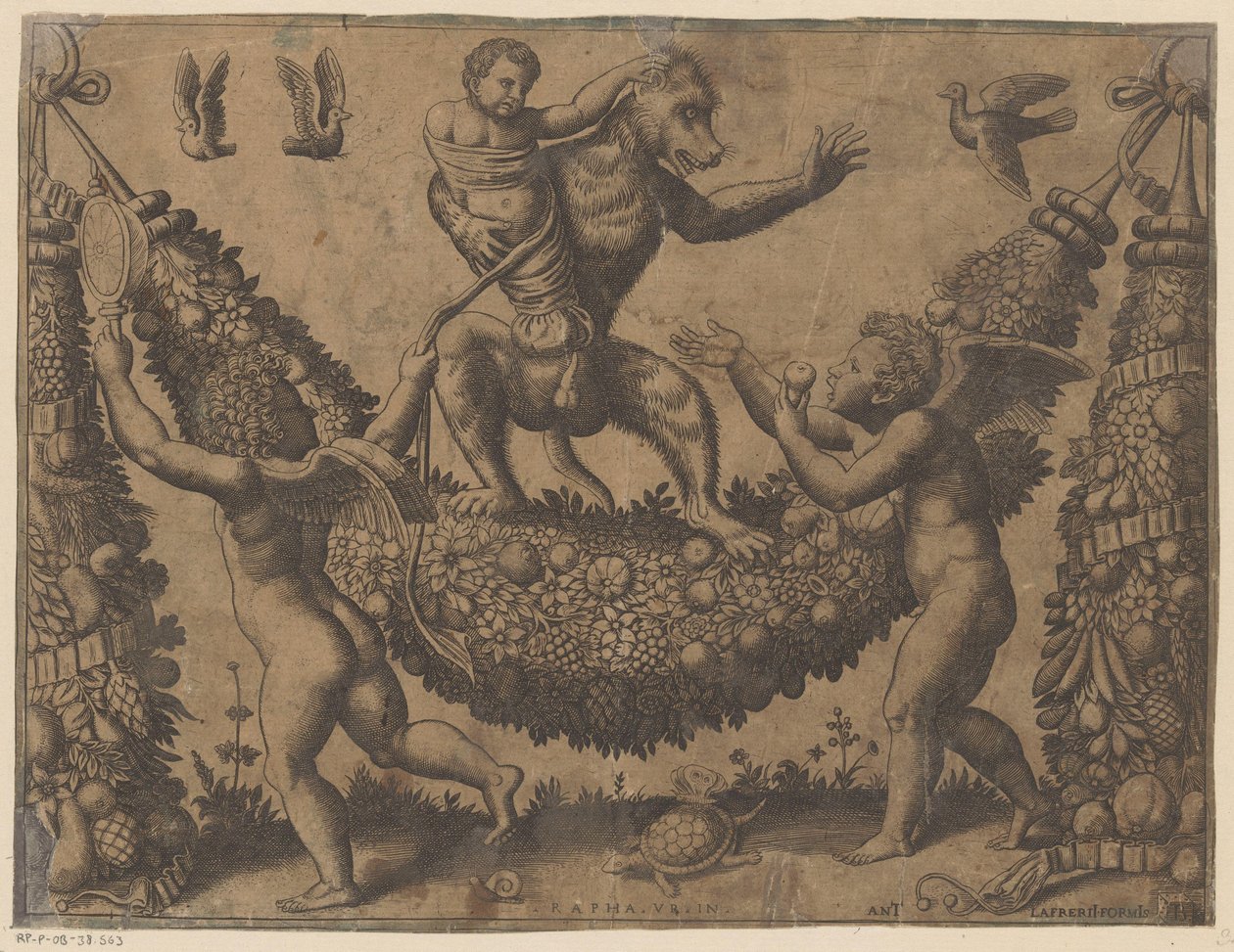 Putti Mocking a Monkey (Tapestries of the Pope, series title) by Meester van de Dobbelsteen