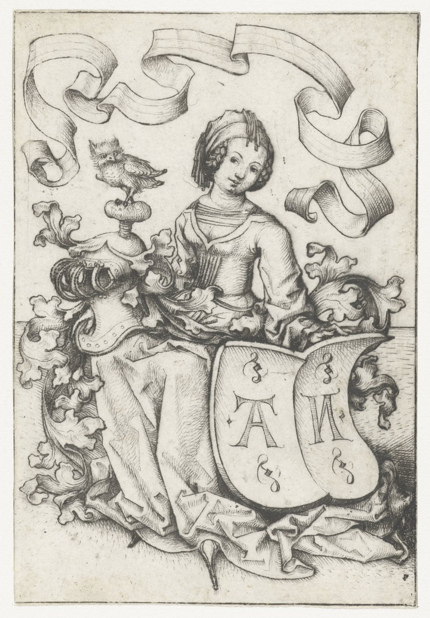 Lady with Owl and Coat of Arms with the Letters AN by Meester van het Amsterdamse Kabinet