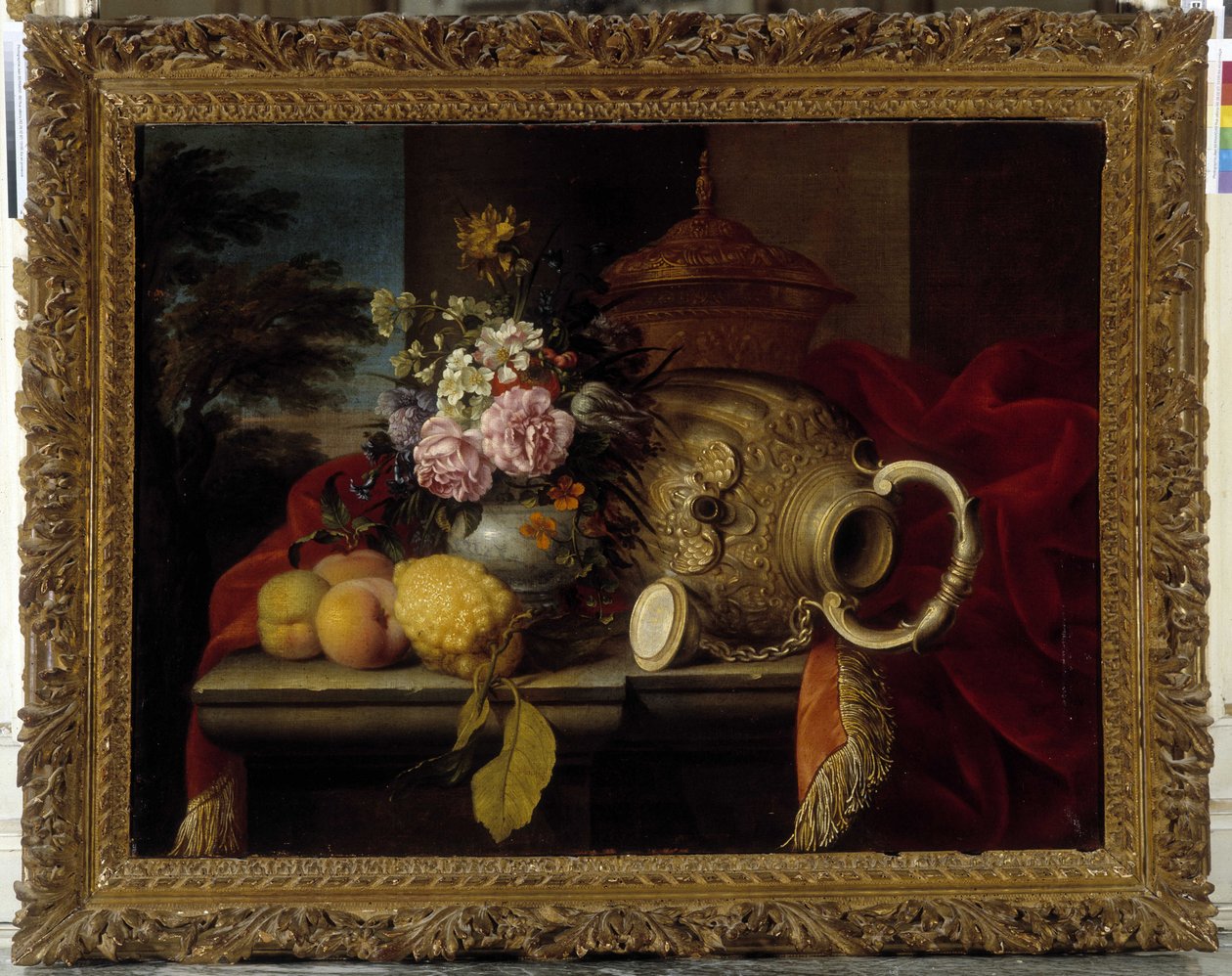 Still Life with Bouquet, Fruit, Vase and Red Fabric by Meiffren (c.1630 1705) Conte