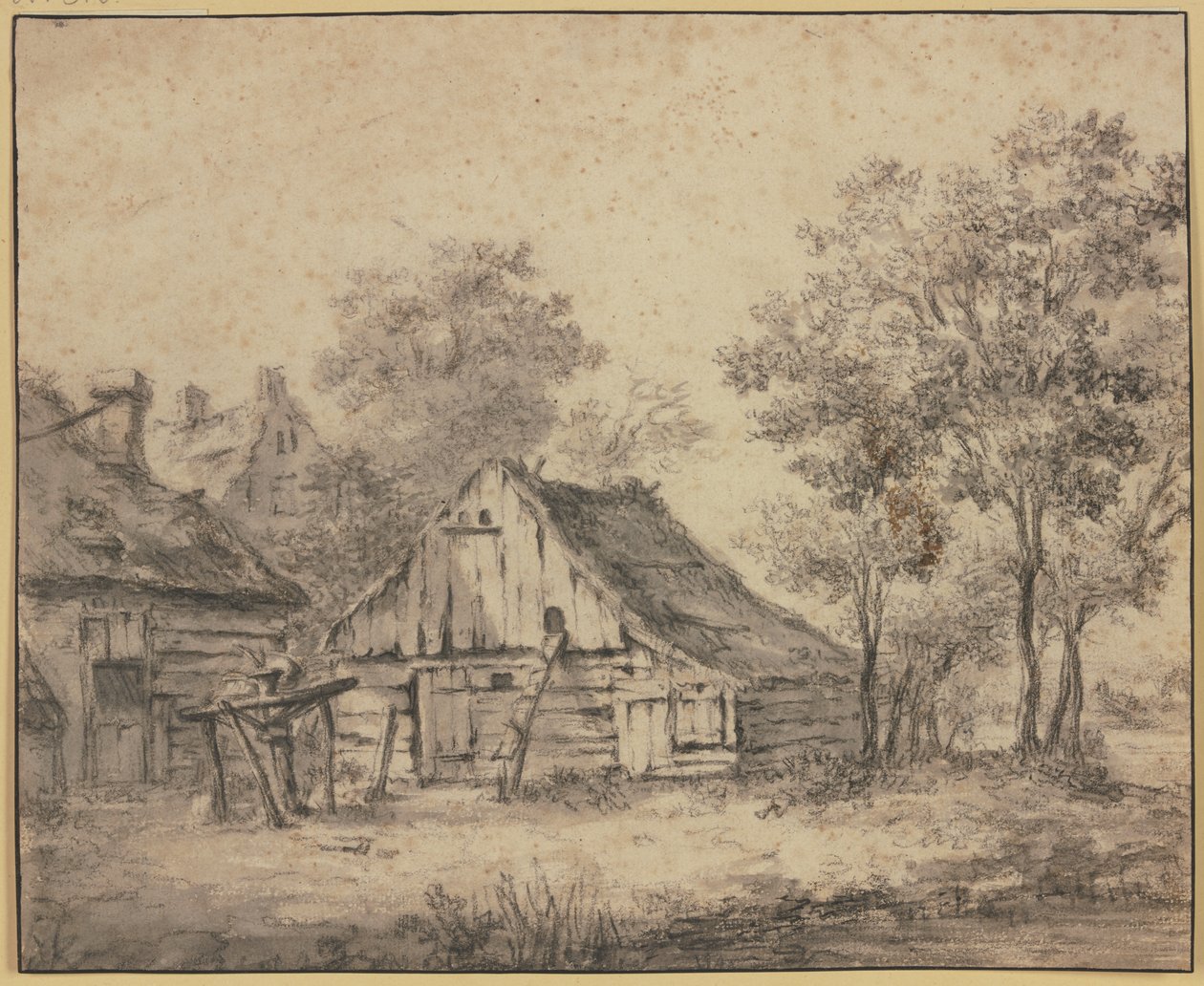 Houses under Trees, with a Wheel Mounted on a Pole by Meindert Hobbema