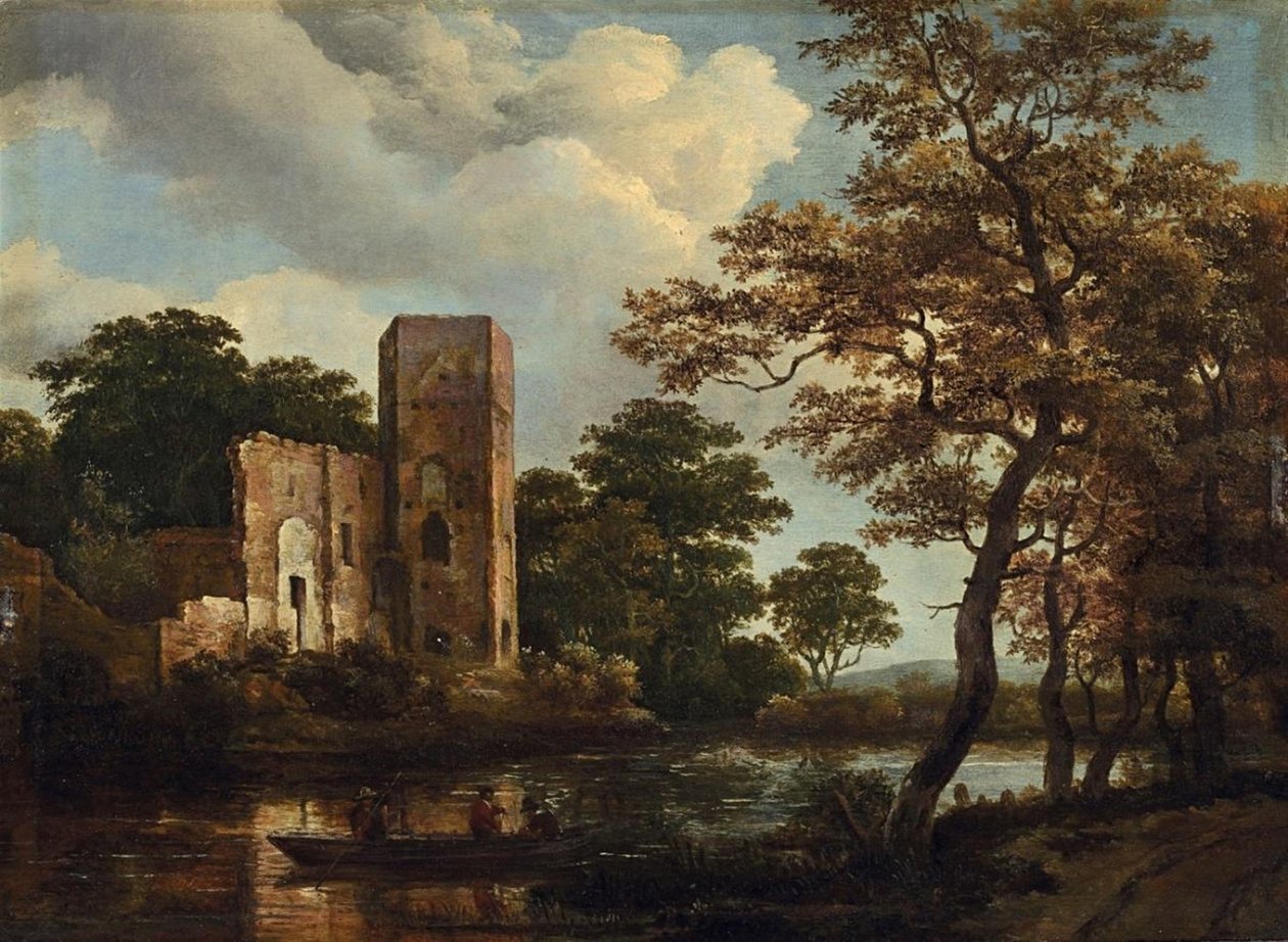 Wooded River Landscape with the Ruins of Egmond Castle at Egmond aan den Hoef by Meindert Hobbema