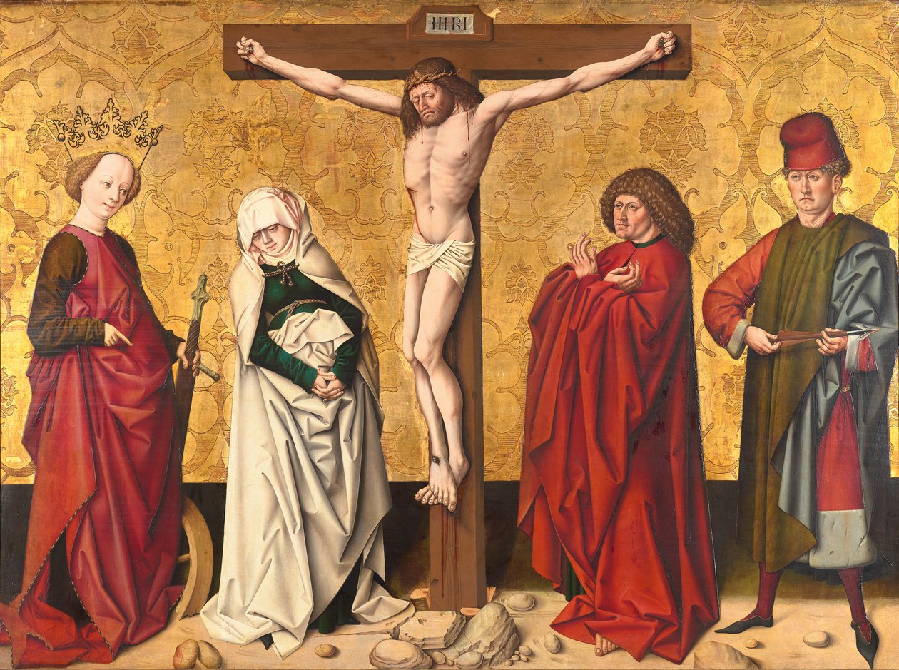 Christ on the Cross between Saints Mary and John, Catherine and Sebastian by Meister von Großgmain