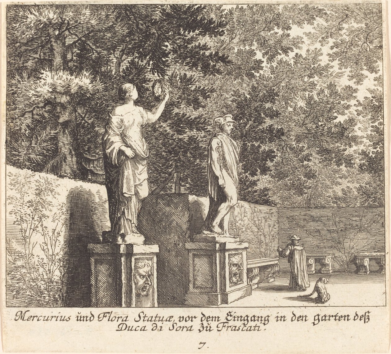 Statues of Mercury and Flora, Gardens of Duke di Sora, Frascati by Melchior Küsel after Johann Wilhelm Baur