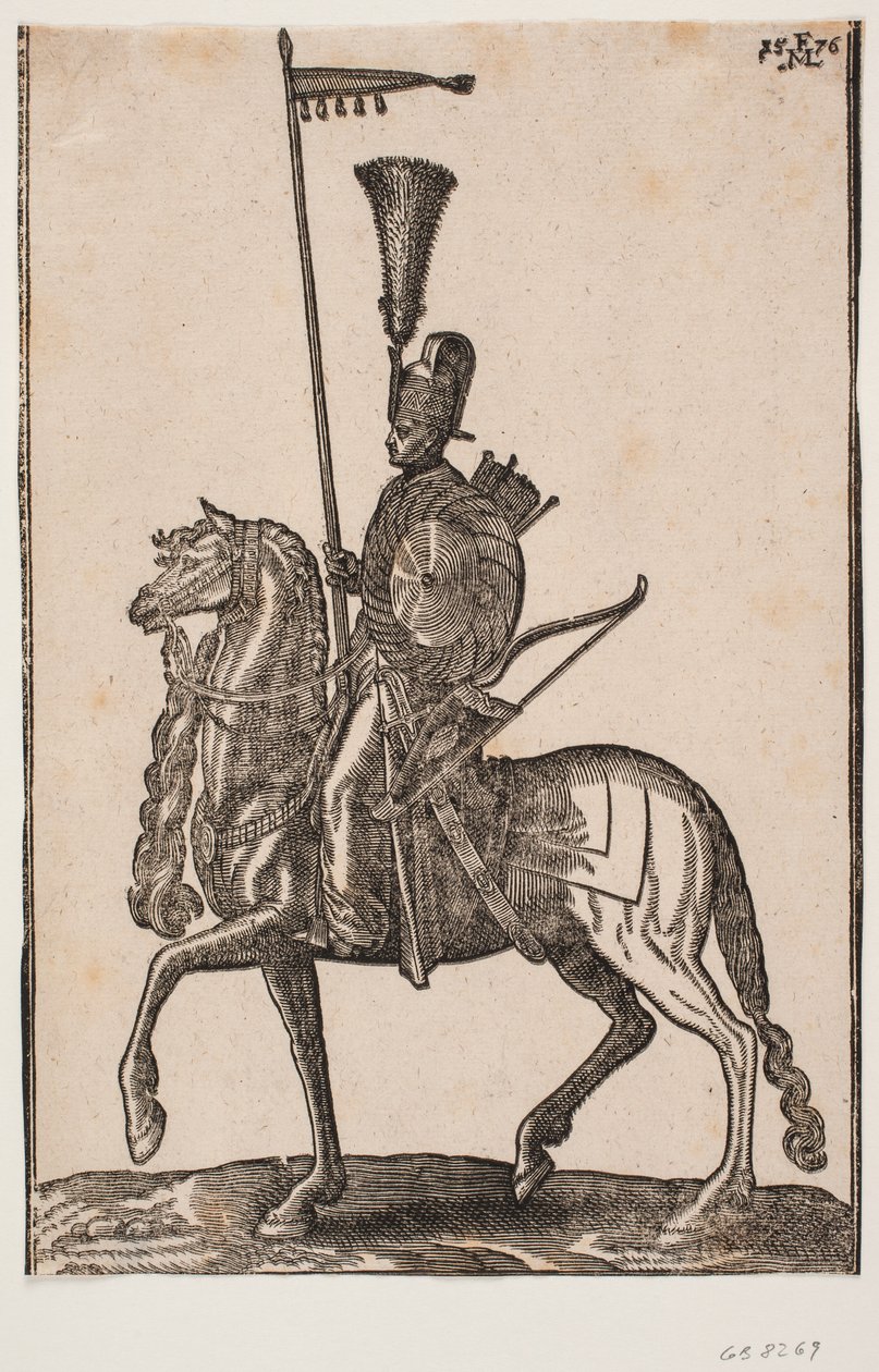 Mounted Soldier, Profile to the Left; Lance with Pennant, Bow Beside, Circular Shield, Quiver; Headdress with Feather Plume by Melchior Lorck