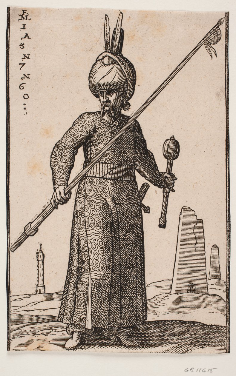 Standing Soldier, Seen from the Front; in His Right Hand, a Lance with a Pennant on the Tip; in His Left Hand, a Club; on His Head, a Turban with Two Feathers; in the Landscape, a 