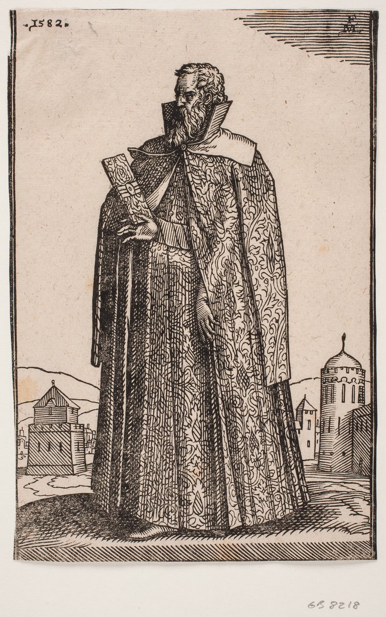 Standing ambassador in European (Venetian?) costume, 3/4 profile to the left; holding a letter case in his right hand by Melchior Lorck