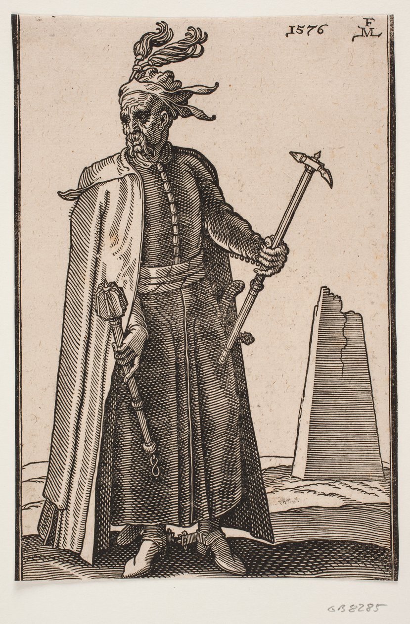 Standing, Cloaked Soldier, Seen Frontally; in Right Hand a Mace, in Left a War Hammer; Spurs on Heels by Melchior Lorck