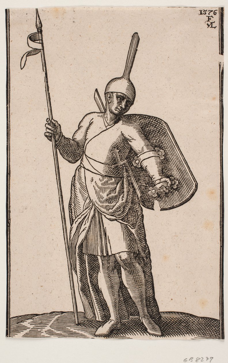 Standing Soldier, Front View; Headgear with High, Thin Top; in Right Hand a Spear, on Left Arm a Shield, Seen from Inside by Melchior Lorck