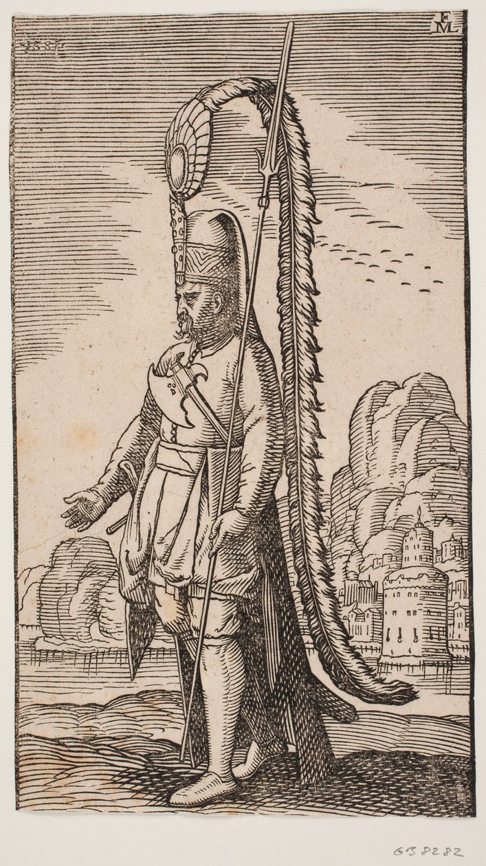 Standing Soldier by a Rocky Coast, Beyond the Water a City; His Headgear Adorned with an Extremely Long Feather Decoration by Melchior Lorck