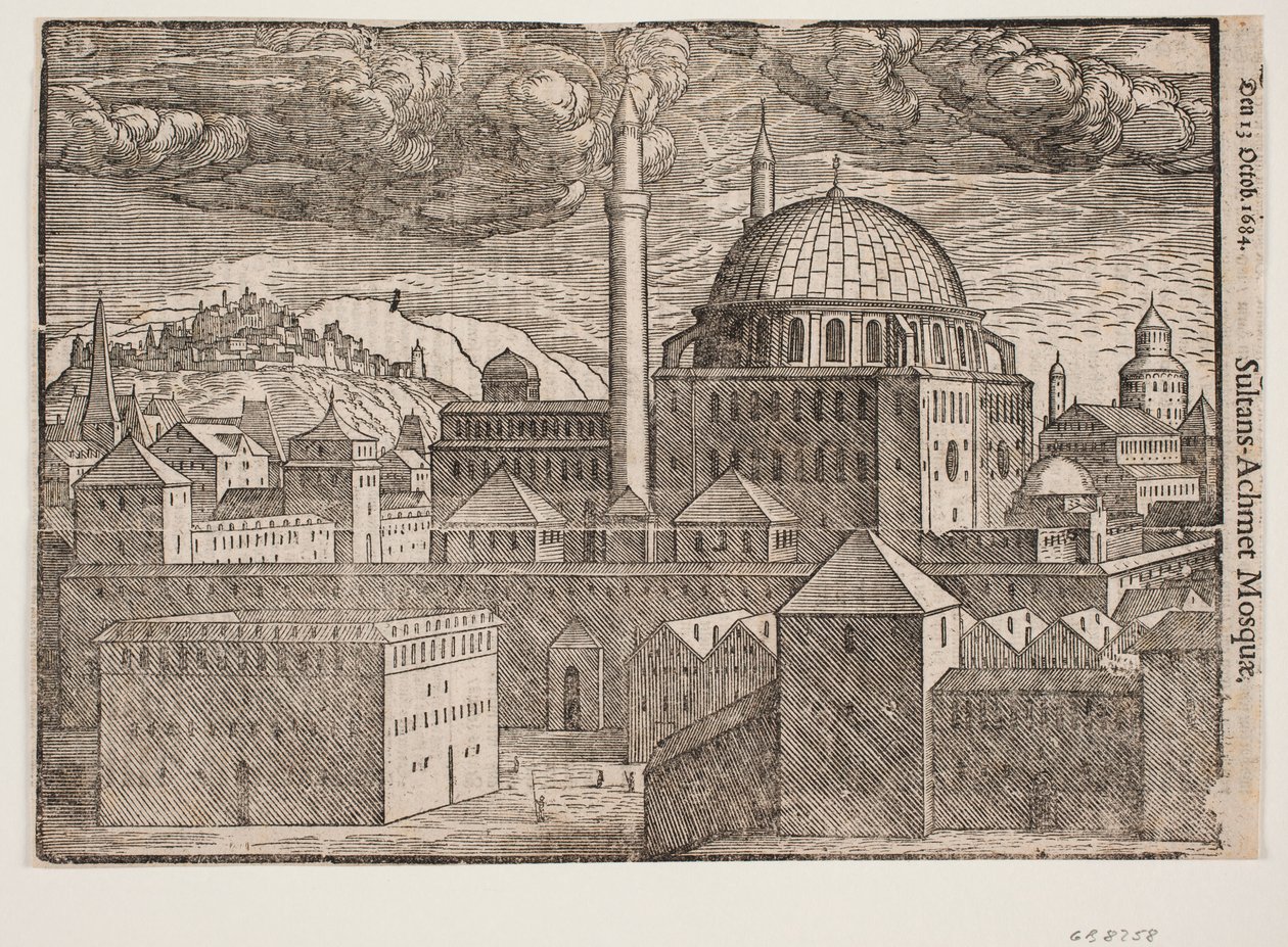 Unidentified Mosque with Two Minarets, Seen from Southeast; Mountain with Fortified City on the Left by Melchior Lorck