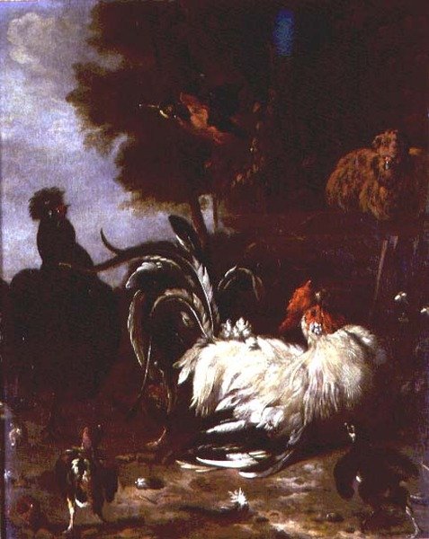 Cockerel and Other Poultry in Wooded Landscape by Melchior de (follower of) Hondecoeter