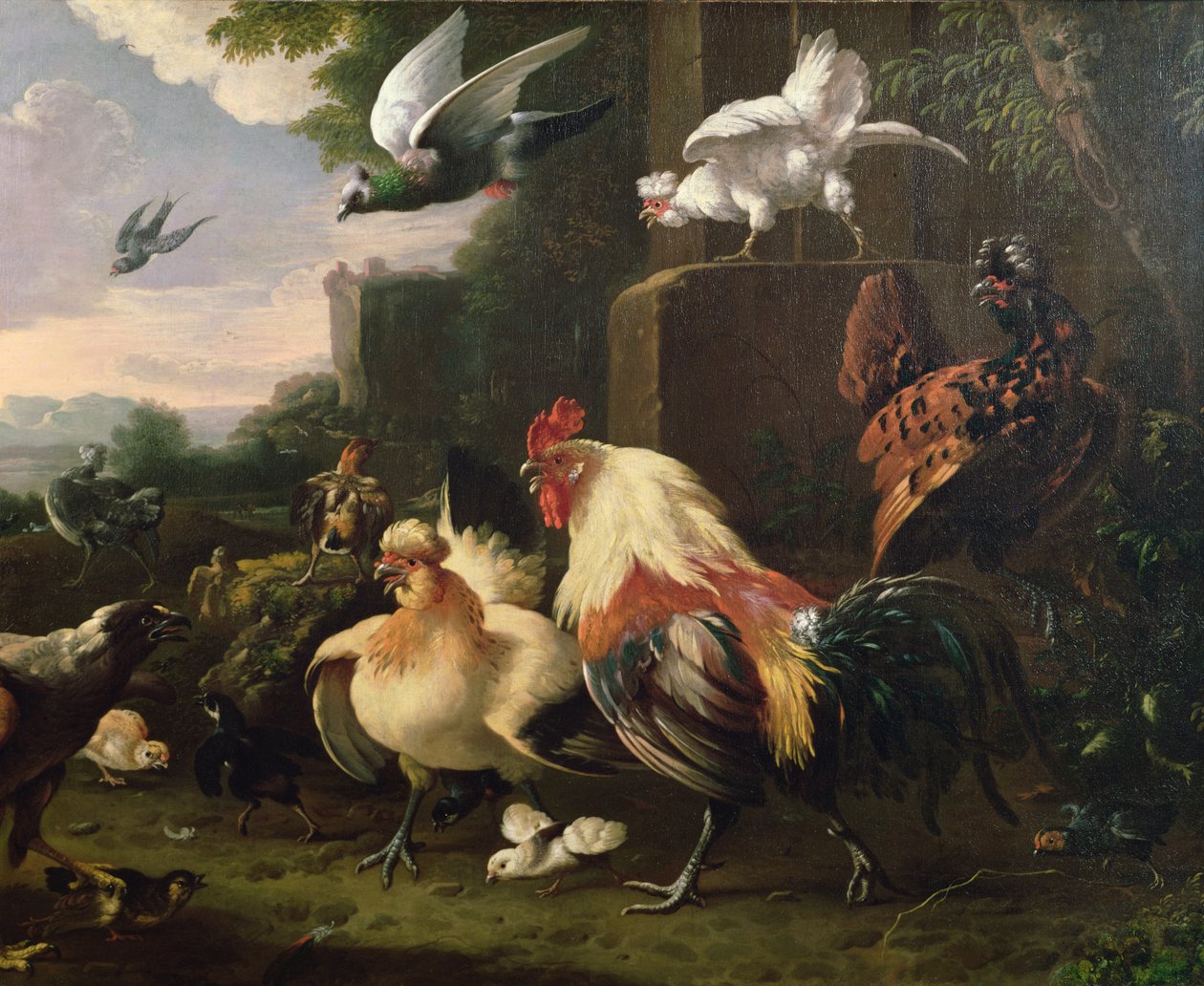 A Cockerel and Other Fowl in a Landscape by Melchior de Hondecoeter