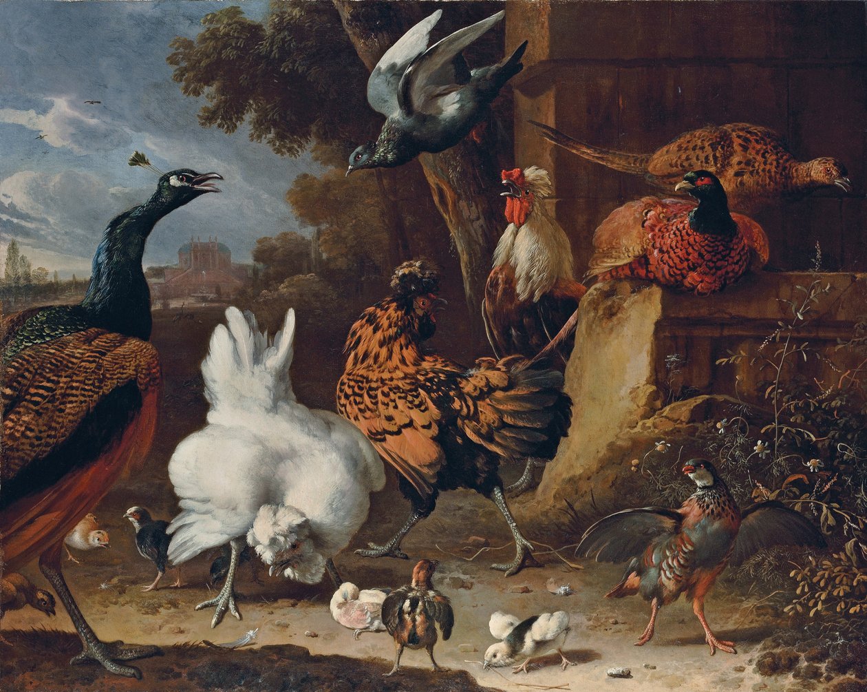 A Cockerel, Hens, Chicks, a Partridge, Pheasants, a Peacock and a Pigeon by a Wall in the Park of a Mansion by Melchior de Hondecoeter