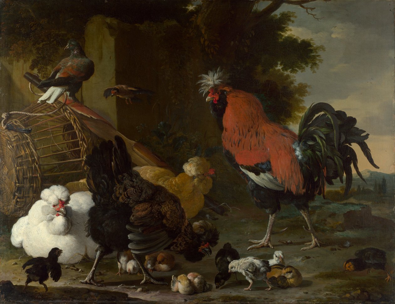 A Cock, Hens and Chicks. Painting by Melchior de Hondecoeter, ca 1668-1670 by Melchior de Hondecoeter