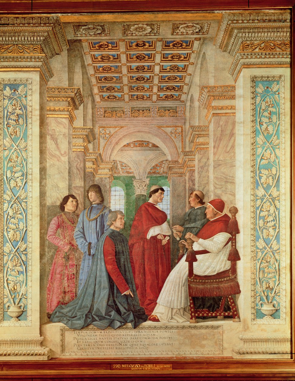 Pope Sixtus IV installs Bartolommeo Platina as Director of the Vatican Library, c. 1477 by Melozzo da Forli