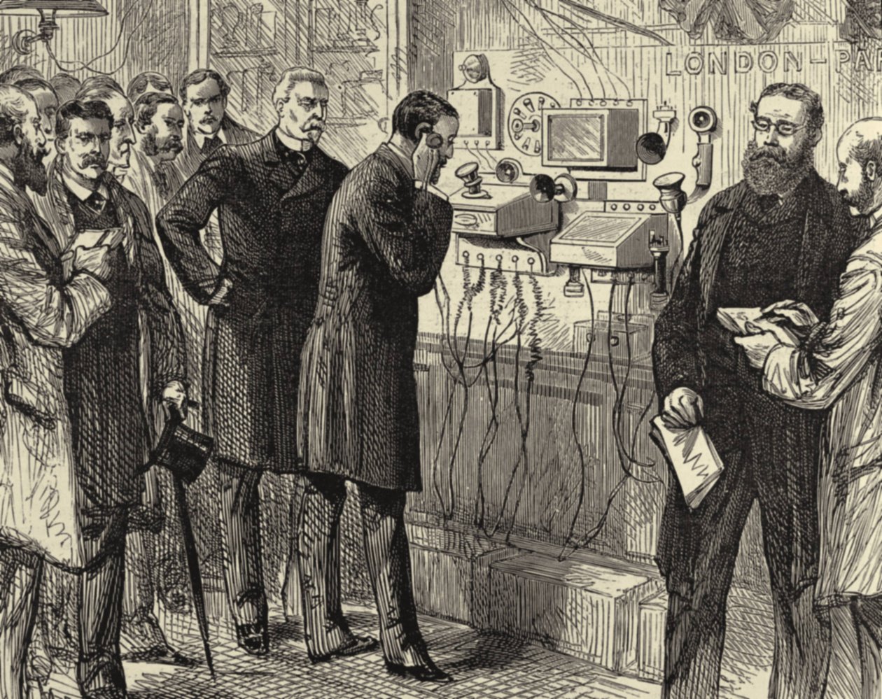 Opening of the Anglo-English telephone line. The first London to Paris telephone conversation at the General Post Office, London. Bell instruments were used at the London end. Wood engraving Paris 28 March 1891. by Melton (after) Prior