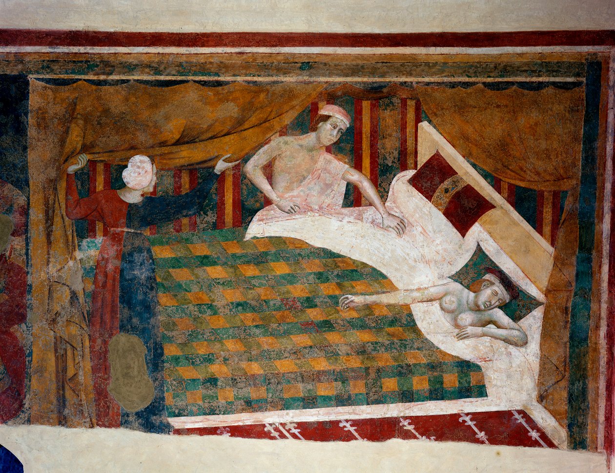 Scene of conjugal life in the Middle Ages. A man joins his wife sleeping naked in bed. (detail) by Memmo di Filippuccio