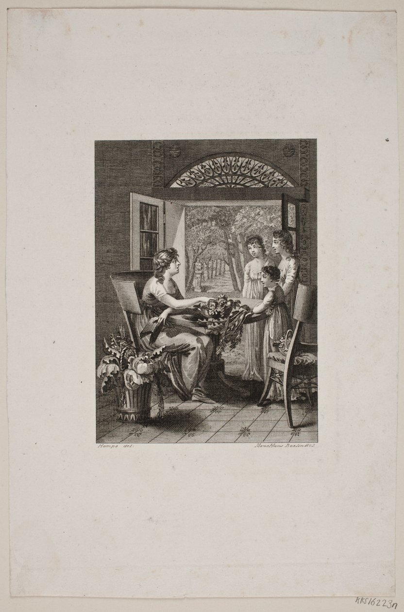 Illustration with women around a table in a conservatory by Meno Haas