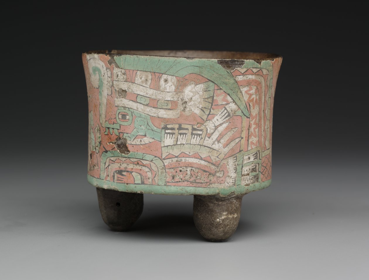 Cylindrical Tripod Vessel with Two Goggled Figures by Mesoamerican Mesoamerican