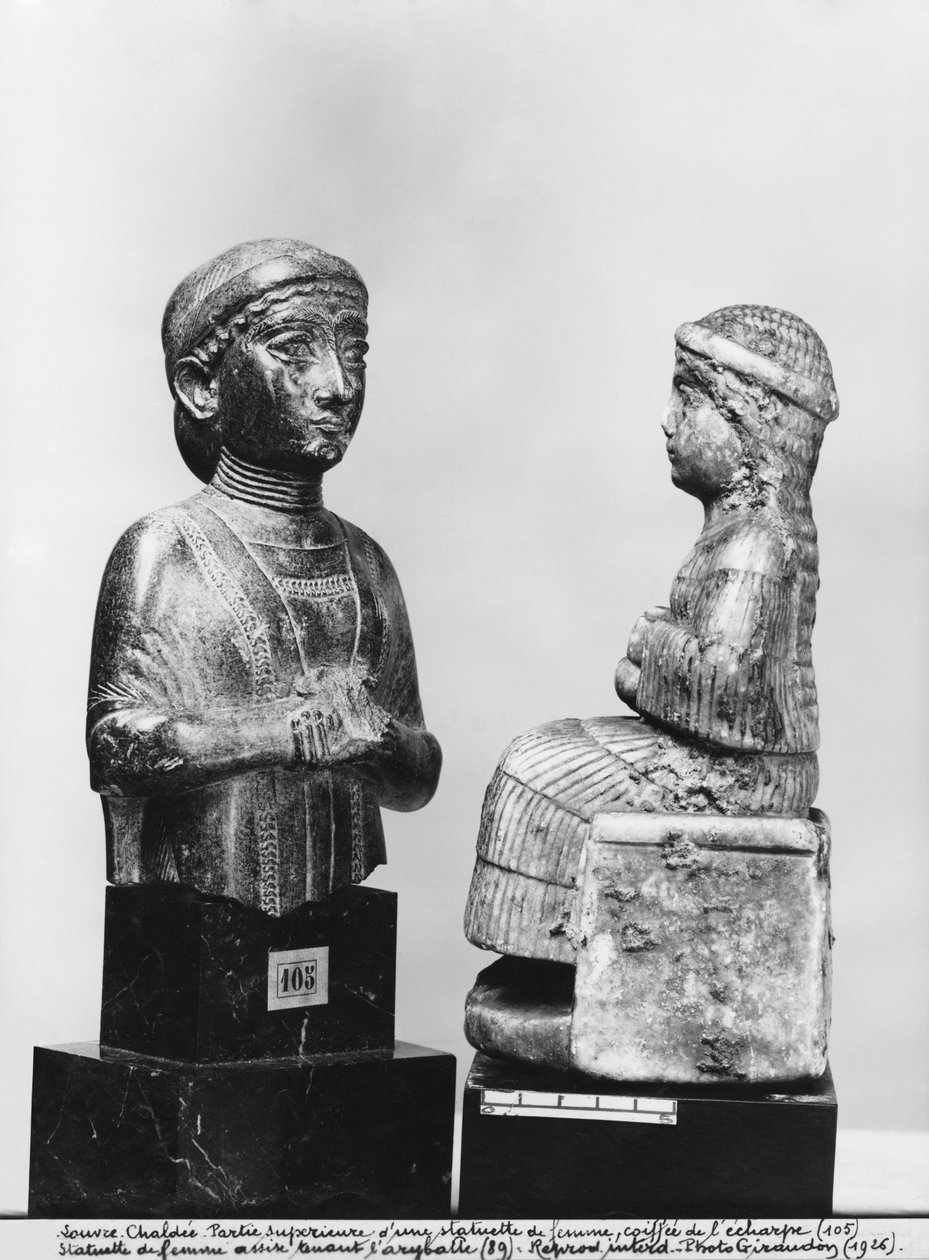 Woman with the shawl, woman holding an aryballos, profile view, Neo-Sumerian, from Telloh, ancient Girsu by Mesopotamian