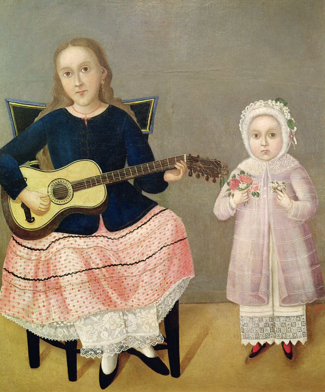 Young Girl with a Guitar and Child with a Bouquet by Mexican School