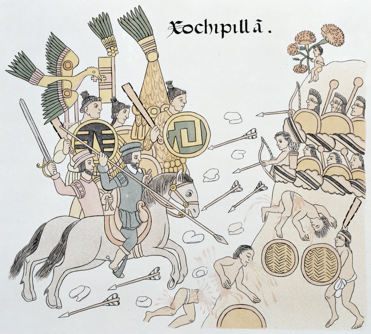 Battle of Xochipilla between the Spanish and the Aztecs, Illustration from a Facsimile of a Mexican Indian Picture History Lienzo de Tlaxcala of c.1550, 1892 by Mexican School