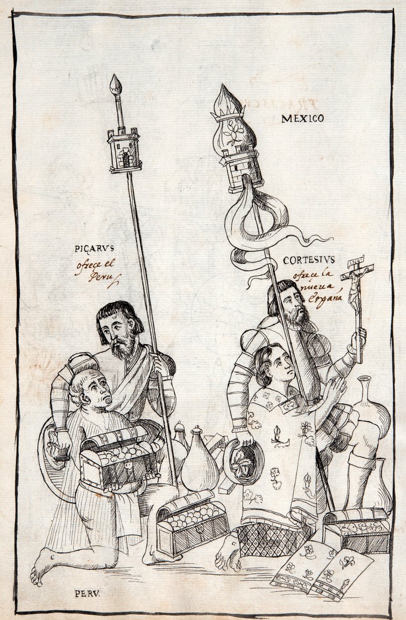 Picarus (Pizarro) Presents Peru and Cortesius (Cortes) Nueva Espana, illustration from Historia de Tlaxcala by Diego Munoz Camargo by Mexican School