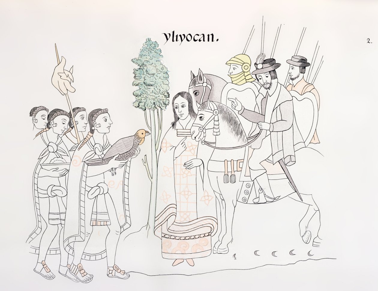 Meeting of Hernando Cortes and the Aztecs, Illustration from a Facsimile of a Mexican Indian Picture History Lienzo de Tlaxcala of c.1550, 1892 by Mexican School