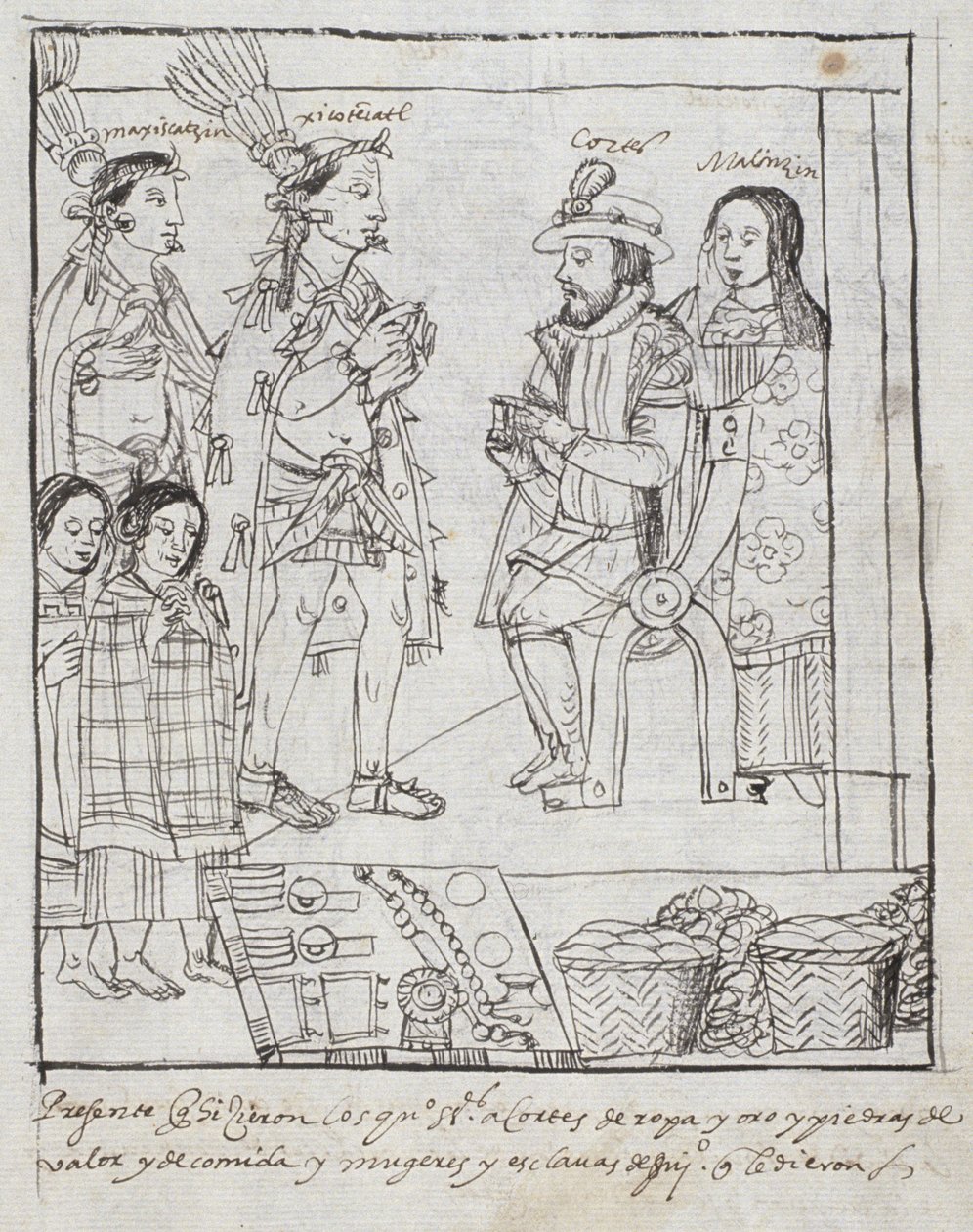 Montezuma meets Cortez, from Historia de Tlaxcala by Diego Munoz Camargo by Mexican School