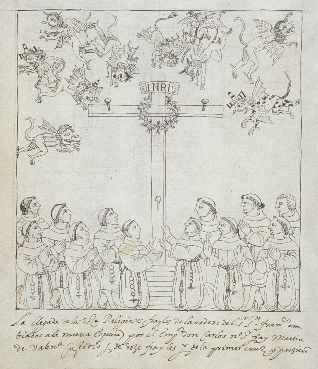 The Erection of the First Cross, from Historia de Tlaxcala by Diego Munoz Camargo by Mexican School