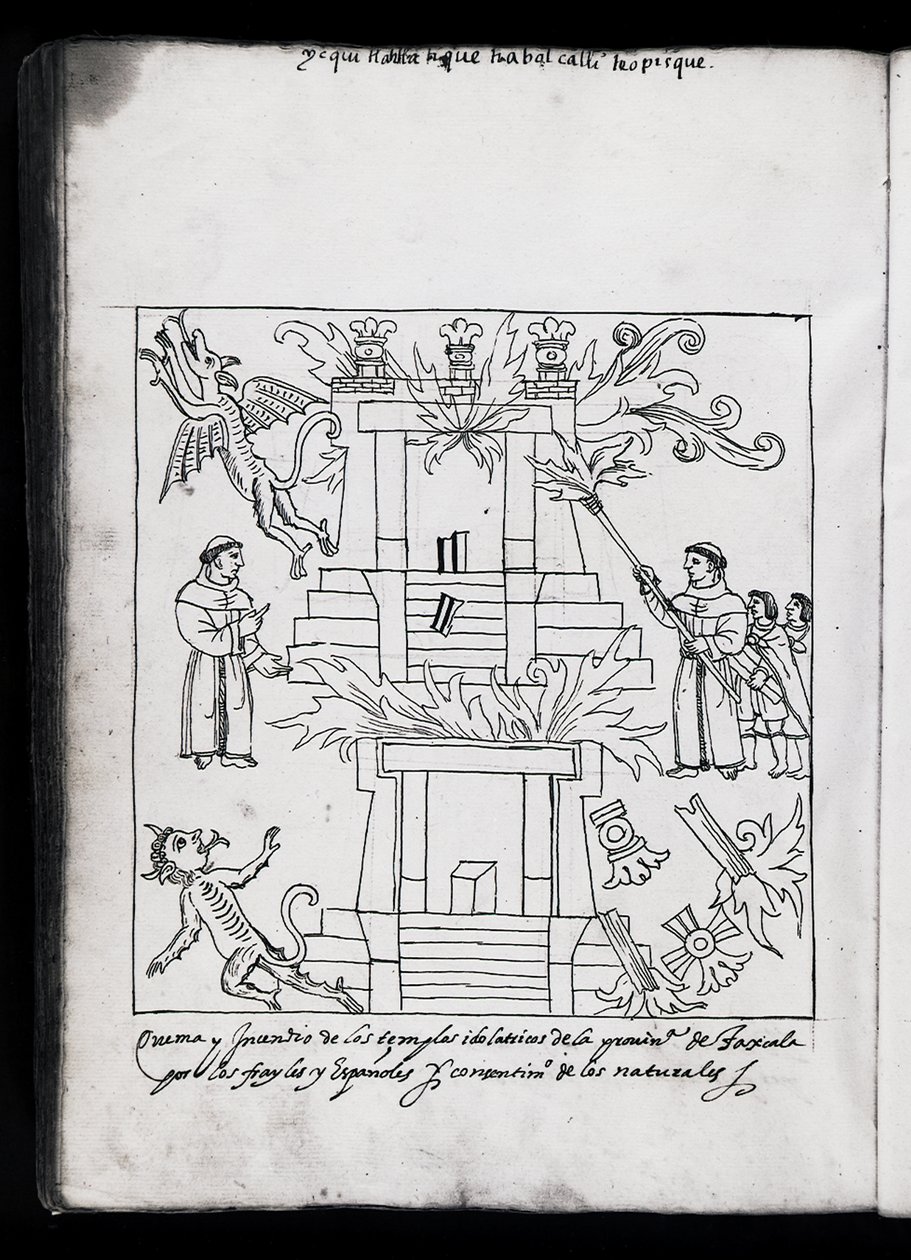 Franciscans Burning Temples, Illustration from Historia de Tlaxcala by Diego Munoz Camargo by Mexican School