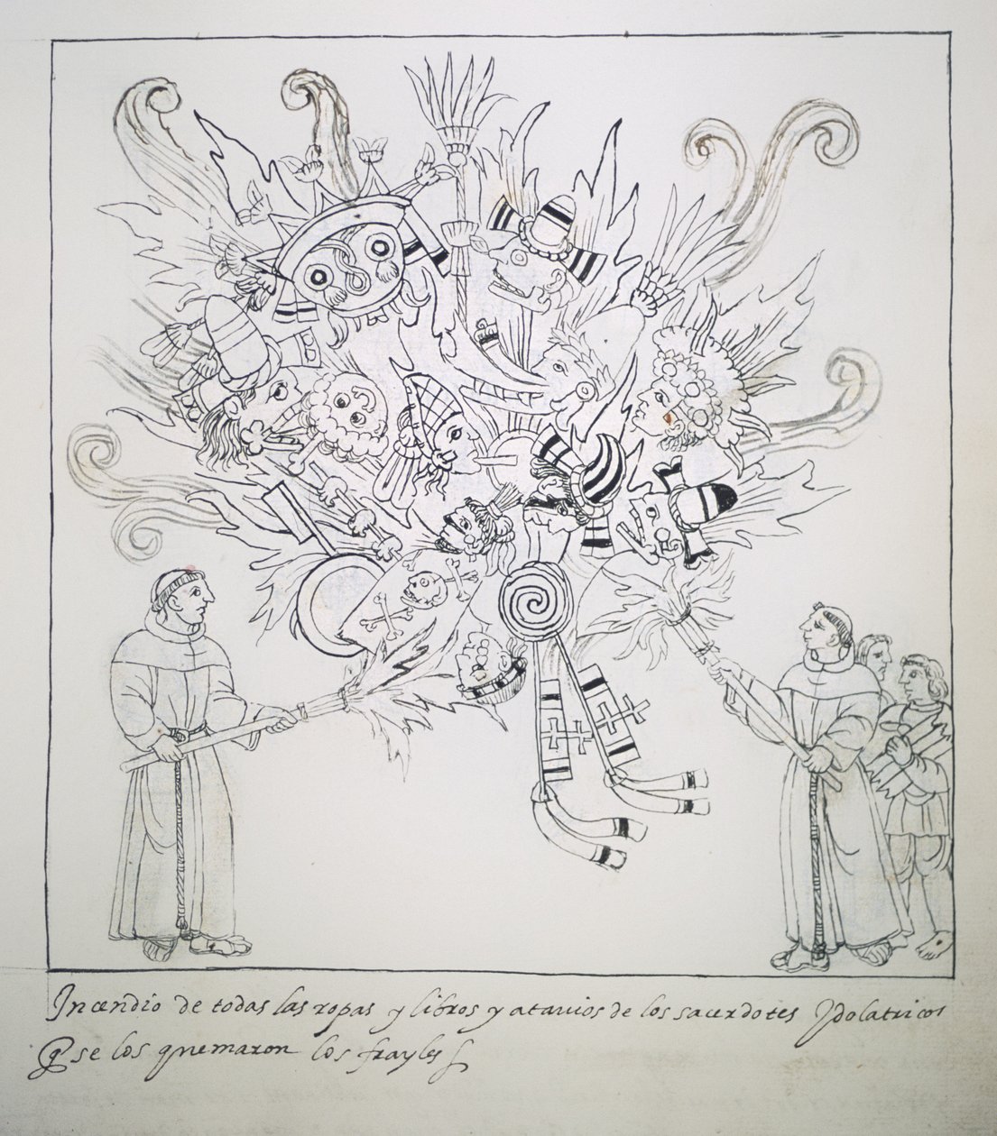 Franciscan Friars Burning Traditional Books and Clothes, from Historia de Tlaxcala by Diego Munoz Camargo by Mexican School