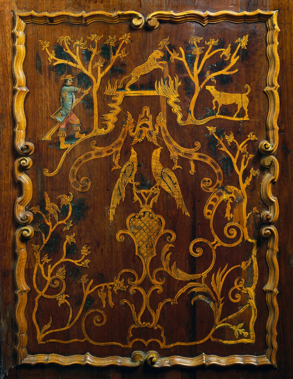 Rococo style wood linen cupboard with polychrome inlays and base by Mexican School