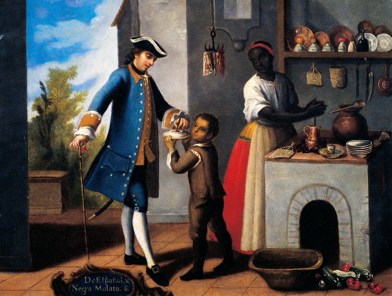 White Spanish man, Black woman and mixed race son (mulatto), Painting on theme of miscegenation by Mexican School