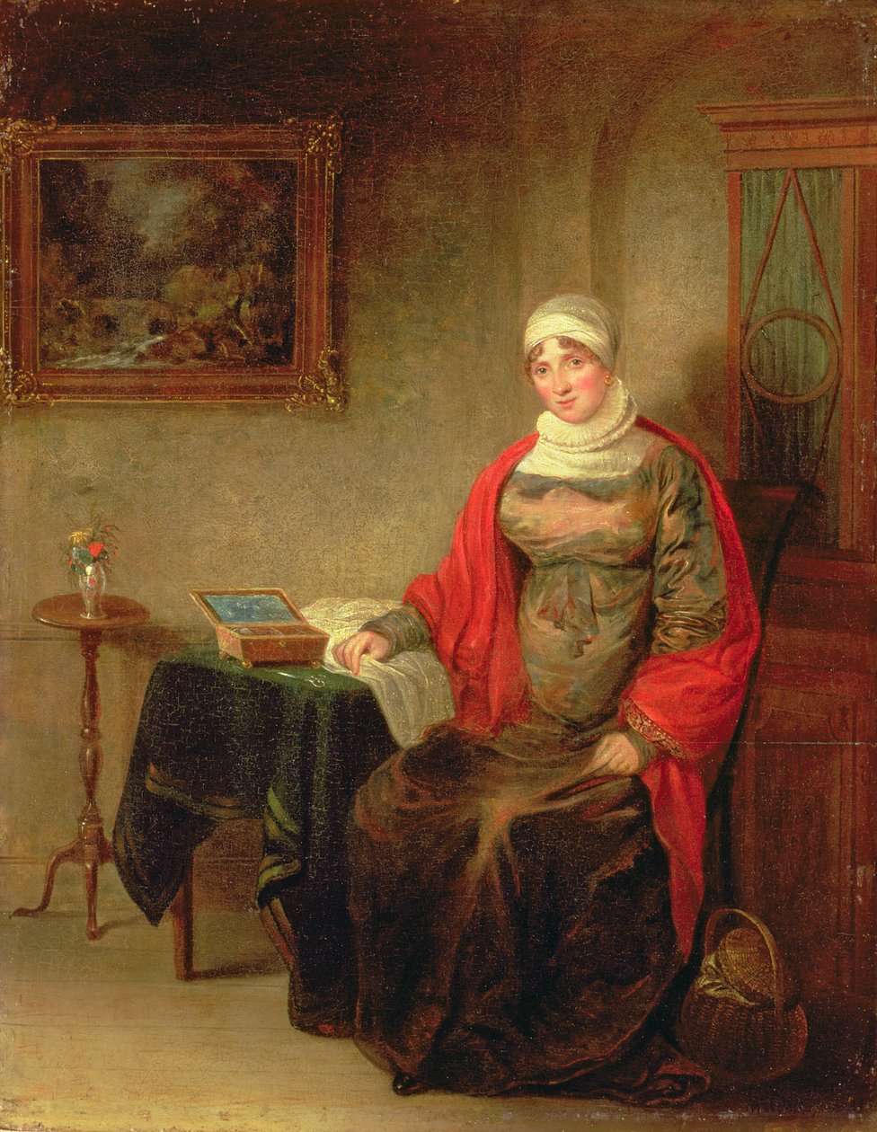 Portrait of Mrs John Crome Seated at a Table by an Open Workbox by Michael William Sharp