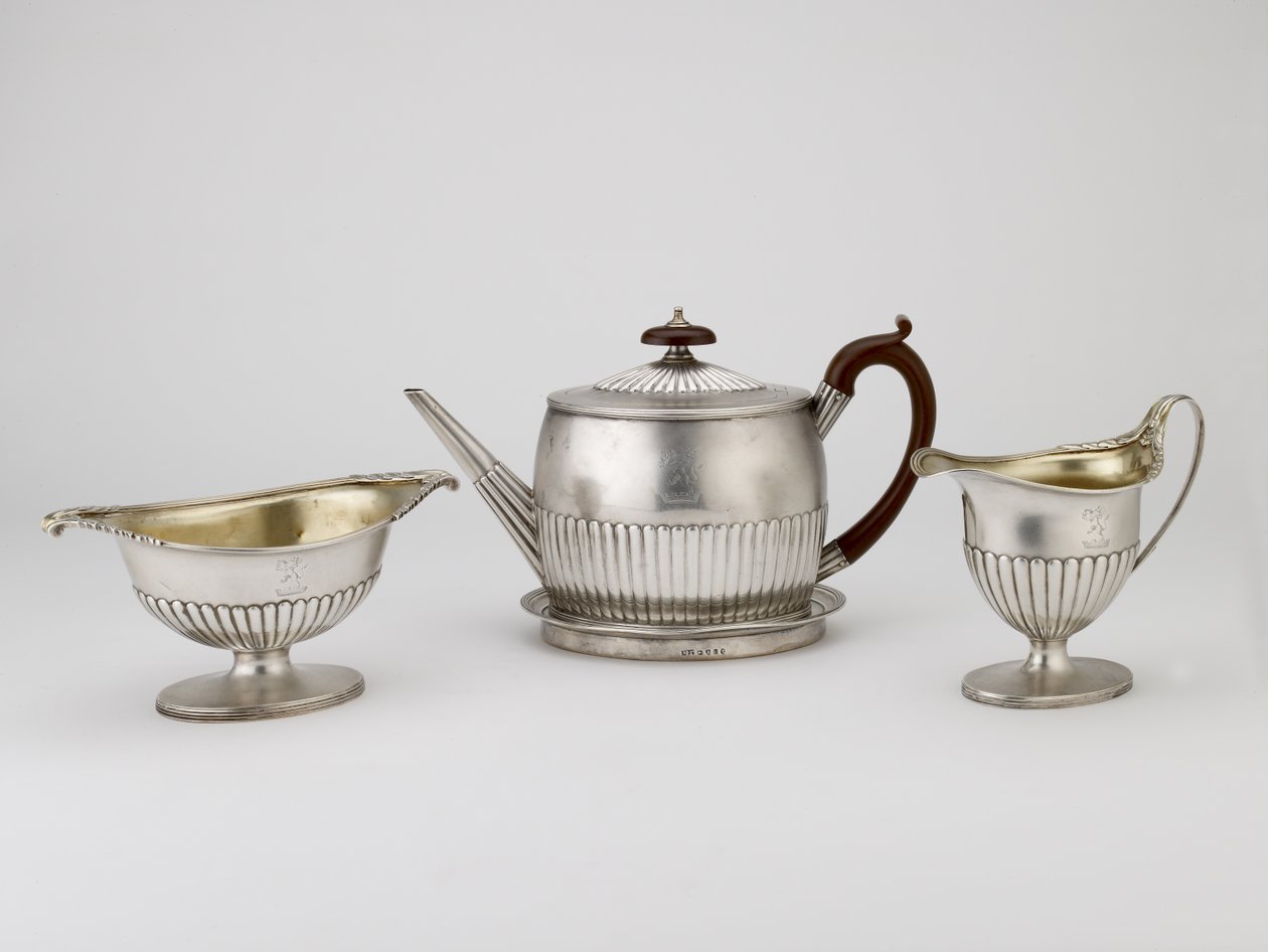Teapot and Stand, Cream Jug, Sugar Bowl by Michael and Scofield, John Plummer