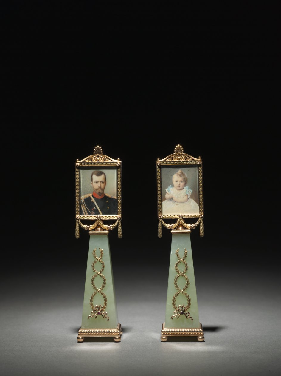 Framed Miniatures: Portrait of Czar Nicholas II and Portrait of Grand Duchess Olga by Michael Evlampievich Perkhin