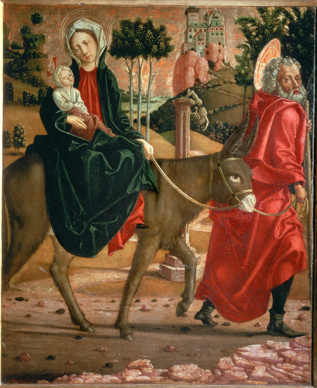 Flight to Egypt. Saint Joseph leading the donkey with Saint Mary and child by Michael Pacher