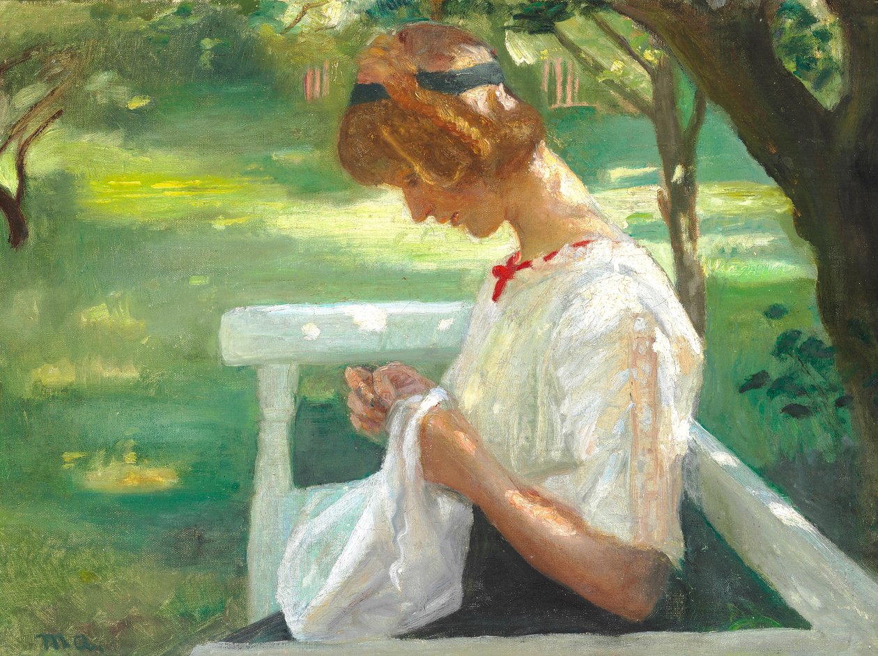 Ella Saxild Sewing in the Garden on a Summer Day by Michael Peter Ancher