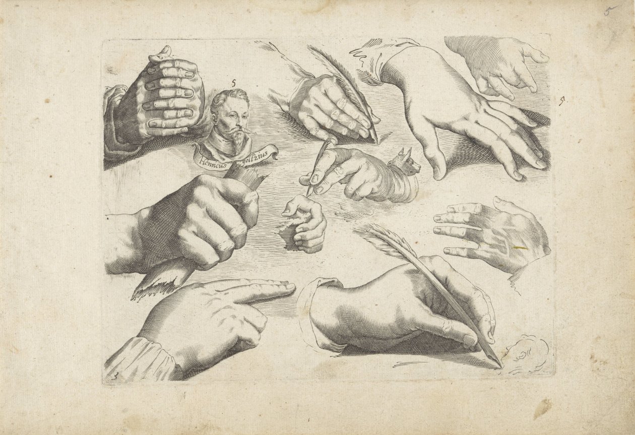Study Sheet with Drawing Examples: Hands and Portrait of Hendrick Goltzius by Michael Snijders