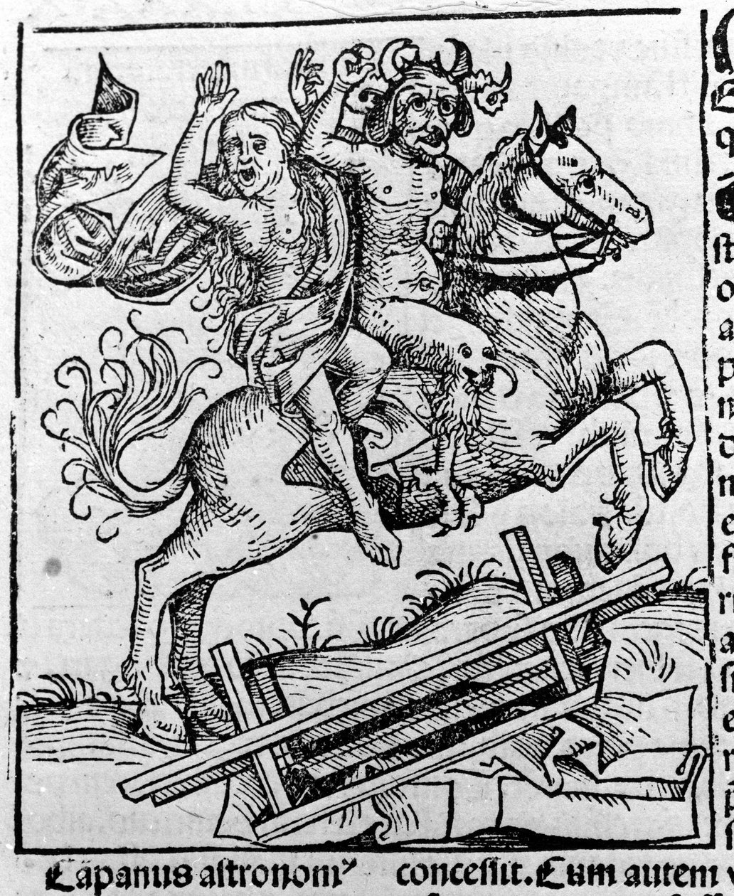 The Devil and a Witch Going for the Sabbath by Hartmann Schedel, Liber chronicarum, Nuremberg 1493 by Michael Wolgemut or Wolgemuth
