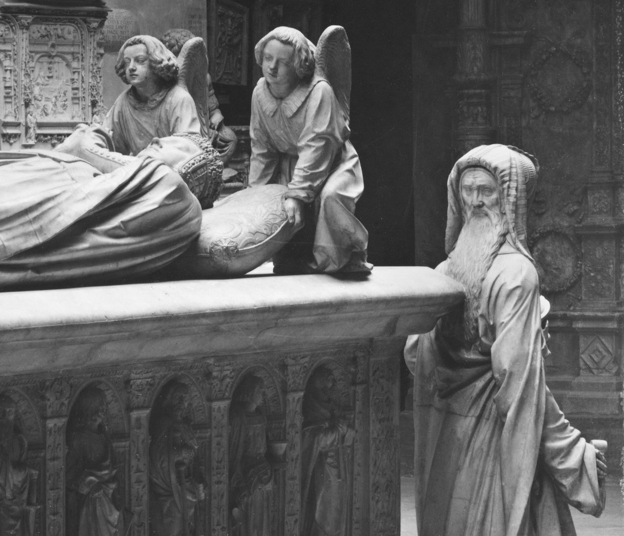 Nantes, St. Peter and St. Paul Cathedral, Tomb of Francis II, Duke of Brittany and Marguerite of Foix, rear view of the Prudence known as a self portrait of Michel Colombe, 1502-07 (detail) by Michel Colombe