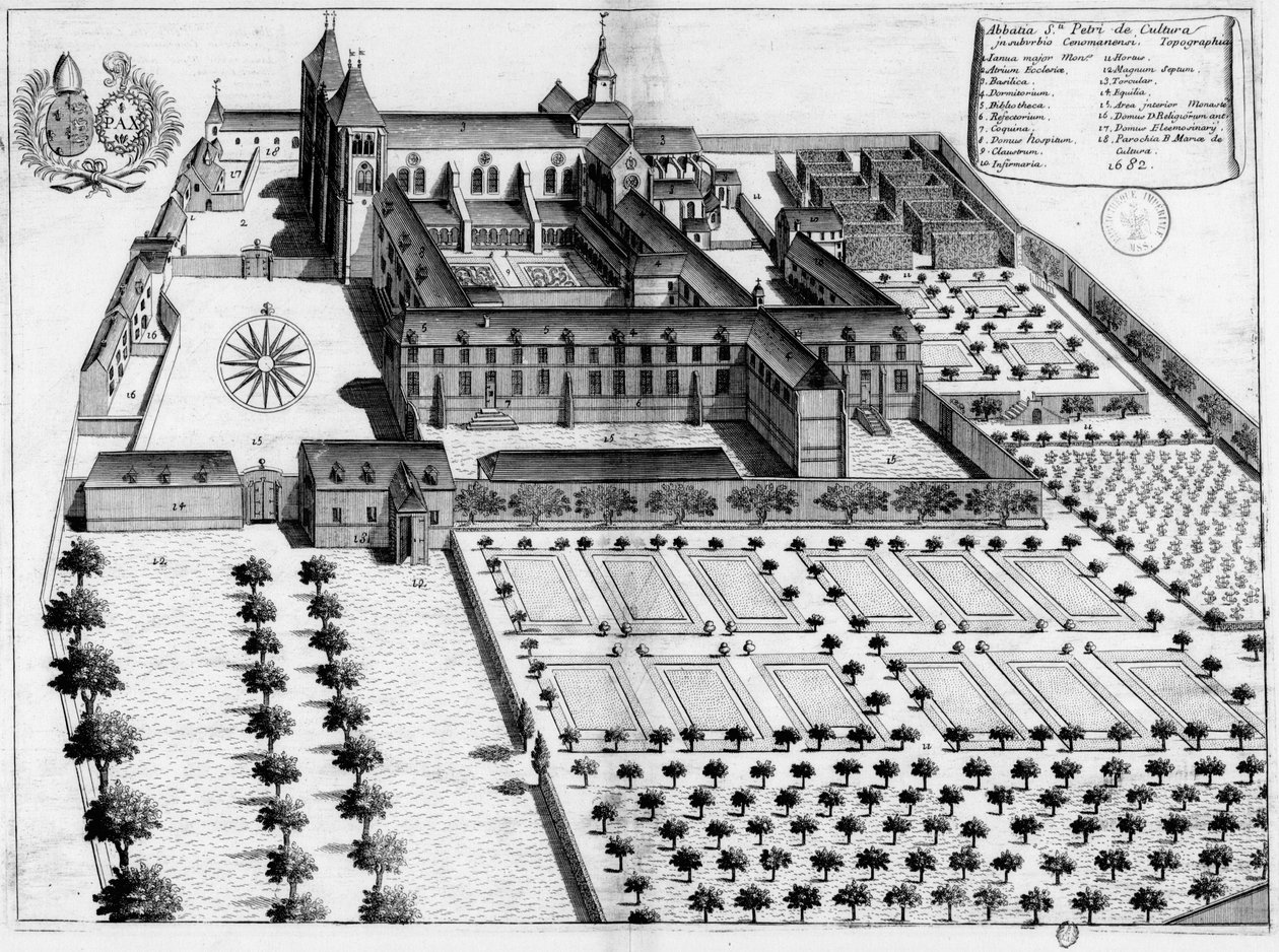 Engraved Plate of the 17th Century Representing the Abbey of Saint-Pierre de la Couture du Mans by Michel Germain