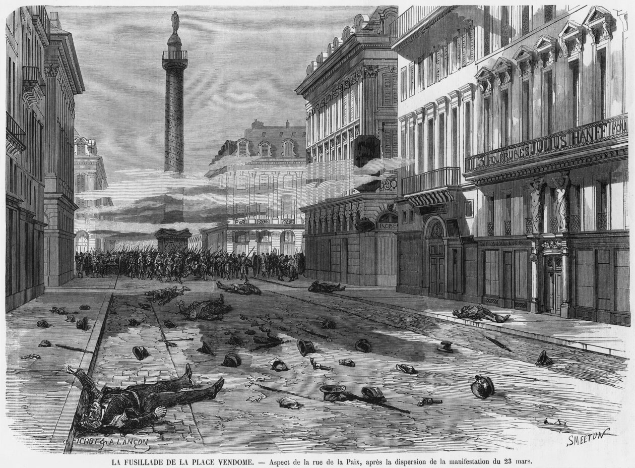 Shooting from the Place Vendome, after the dispersal of the demonstration in rue de la Paix, Paris (engraved by Burn Smeeton) by Michel and Lancon, Auguste Fichot