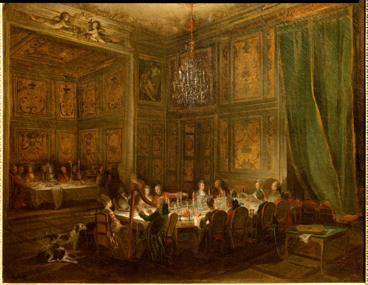 Dinner of Prince Louis Francois de Conti, Temple Palace. Painting by Michel Barthelemy Ollivier (1712-1784) 1766 by Michel Barthelemy Ollivier or Olivier